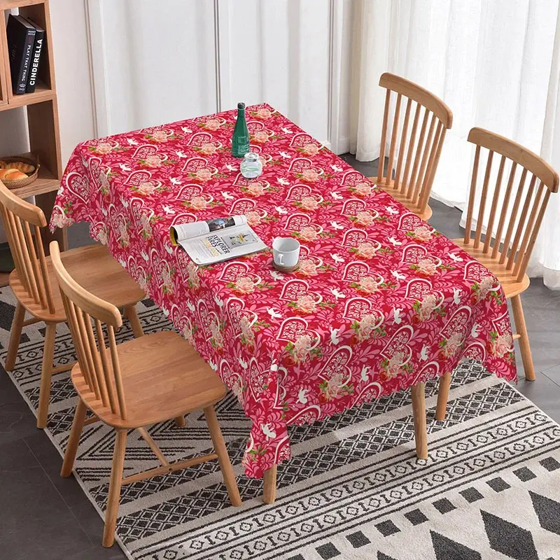 Aperturee Red Heart Floral Rectangle Tablecloth, Romantic Rose Love Pattern, Valentine Anniversary Kitchen Dining Decor, Valentine Photo Backdrop
