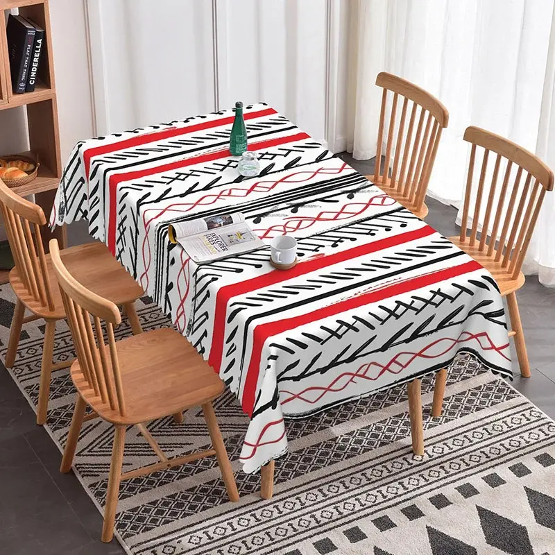 Aperturee Red and Black Tribal Rectangle Tablecloth, Abstract Boho Line Art, Modern Geometric Dining Room Kitchen Decor, Abstract Photo Prop