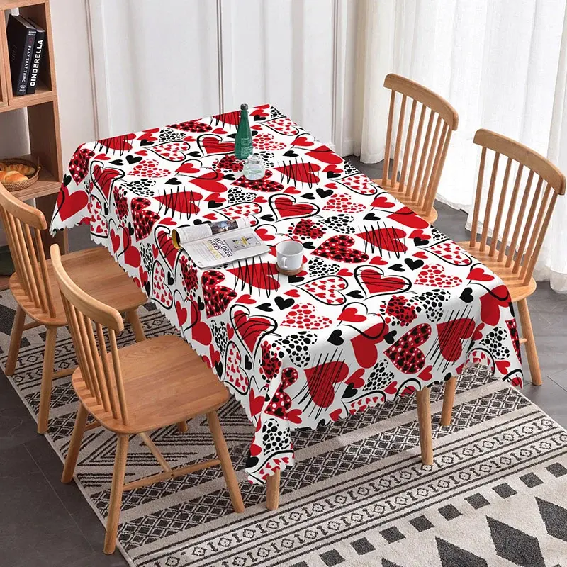 Aperturee Red and Black Sketch Heart Rectangle Tablecloth, Abstract Doodle Love Pattern on White, Modern Valentine Kitchen Decor, Sketch Background