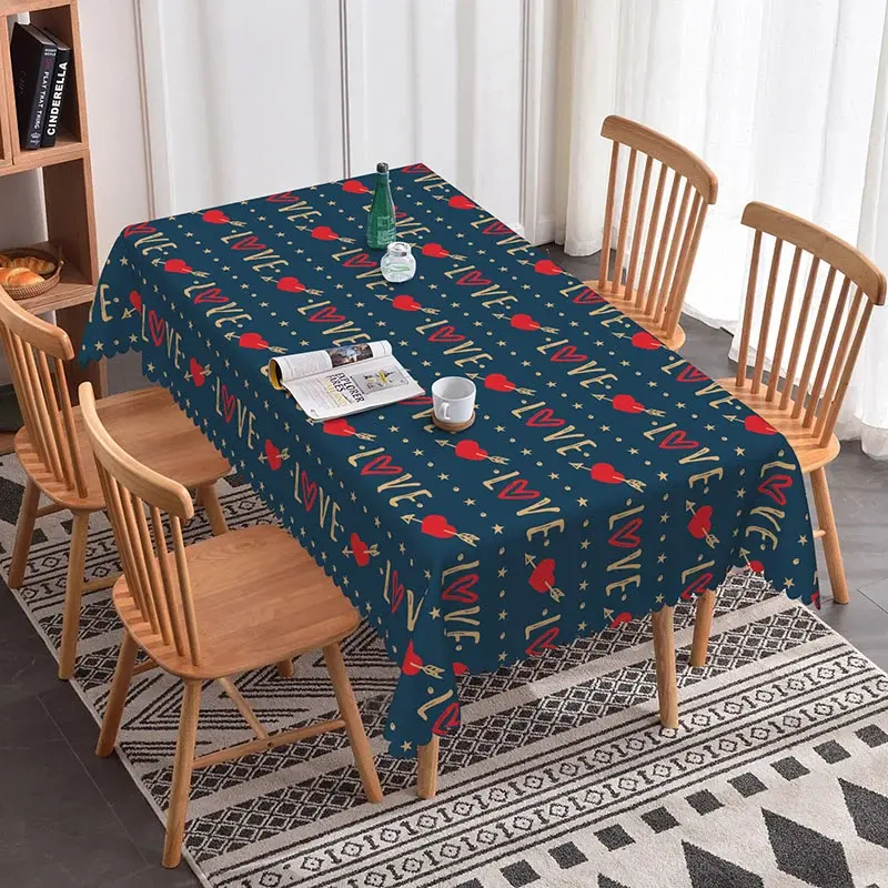 Aperturee Navy Blue Love Text Rectangle Tablecloth, Gold Arrow and Red Heart Pattern, Romantic Valentine Dinner Decor, Blue Studio Prop