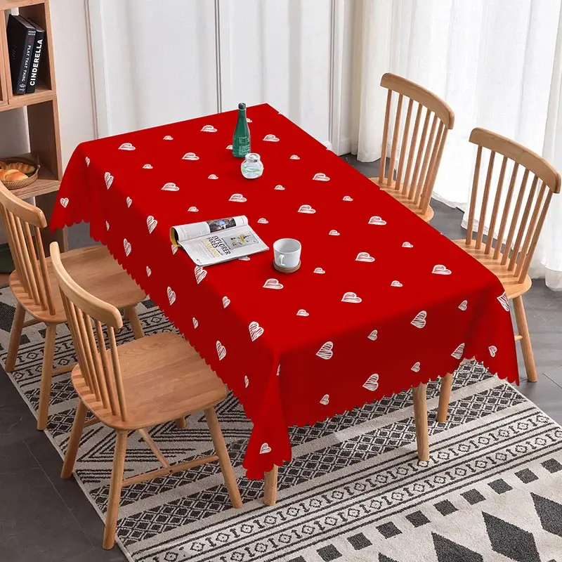 Aperturee Red Doodle Heart Outline Rectangle Tablecloth, White Sketchy Love Pattern, Romantic Valentine Kitchen Decor, Artistic Red Background