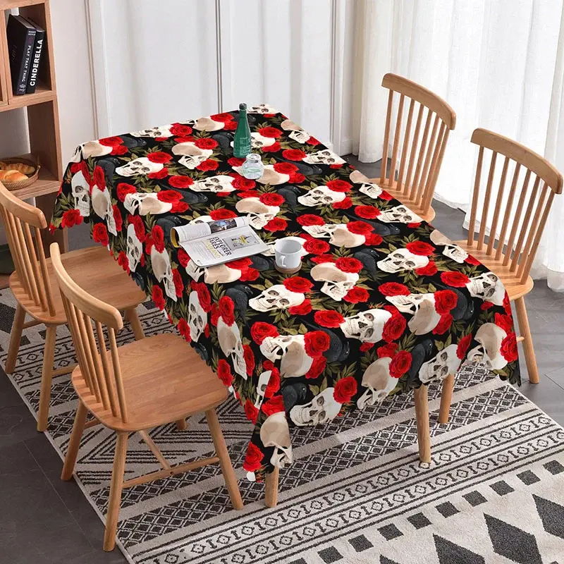 Aperturee Gothic Skull and Raven Rectangle Tablecloth, Red Rose Black Bird Pattern, Halloween Valentine Dining Decor, Dark Fantasy Backdrop