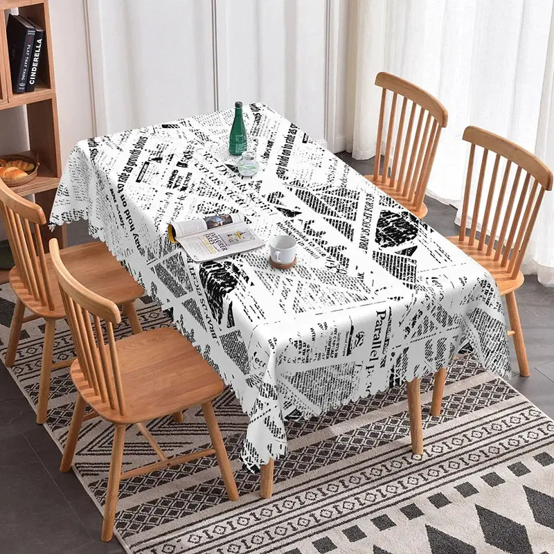Aperturee Chaotic Black and White Newspaper Rectangle Tablecloth, Abstract Text Pattern, Modern Industrial Dining Decor, Abstract Text Prop