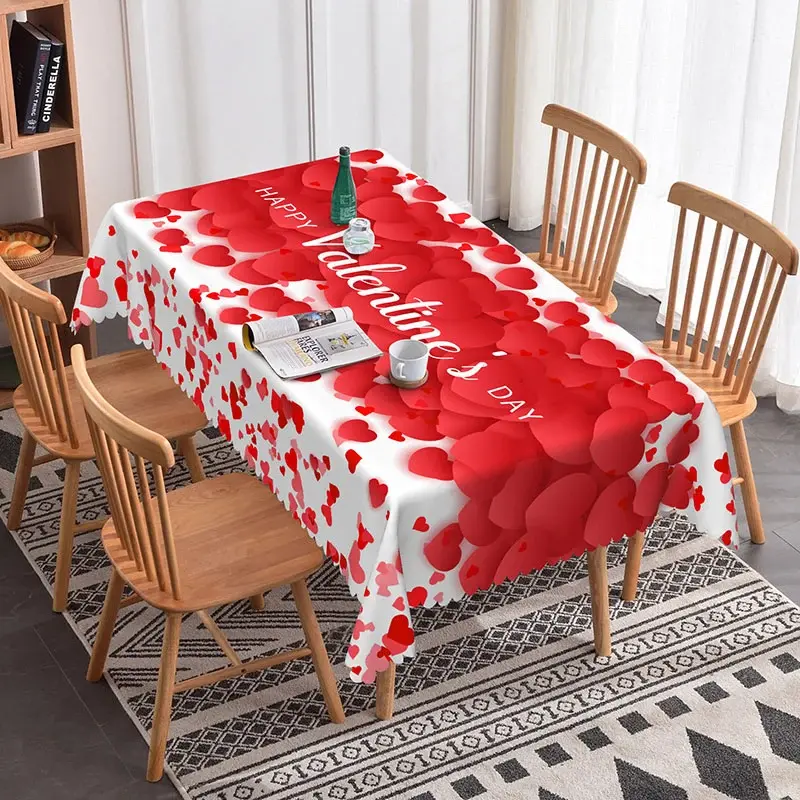 Aperturee Happy Valentines Day Red Heart Rectangle Tablecloth, 3D Petal Love Pattern, Romantic Holiday Party Decor, Holiday Event Backdrop