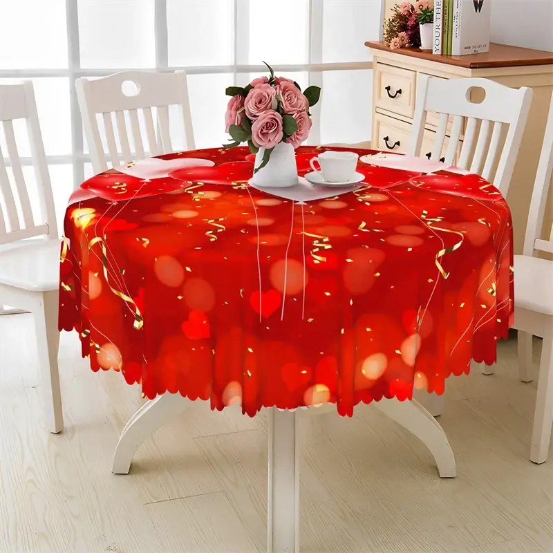 Aperturee Red Bokeh Gold Ribbon Round Tablecloth, Festive Celebration Studio Prop