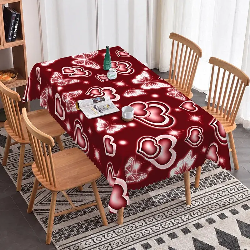 Aperturee Burgundy Red Glowing Heart Butterfly Rectangle Tablecloth, Deep Red Neon Light Effect, Passionate Dining Decor, Dark Red Neon Prop