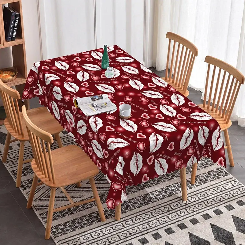 Aperturee Red Background White Kiss Lip Rectangle Tablecloth, I Love You Text Print, Romantic Valentine Dining Decor, Red Patterned Prop