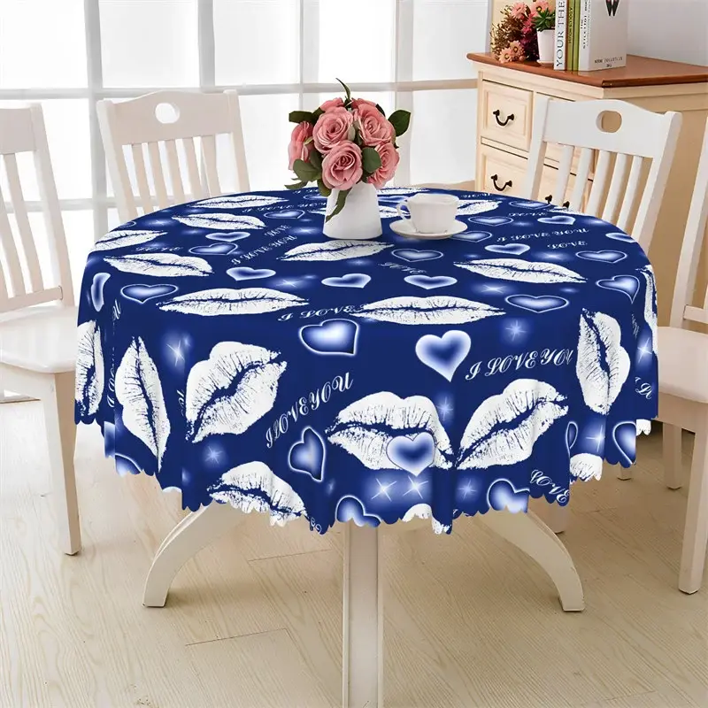 Aperturee Blue Lip I Love You Round Tablecloth, High Contrast Graphic Prop