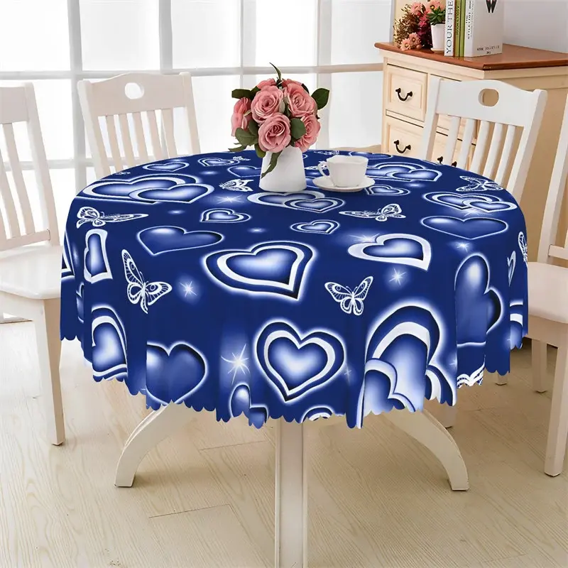 Aperturee Blue Neon Heart Butterfly Round Tablecloth, Cool Tone Design Prop