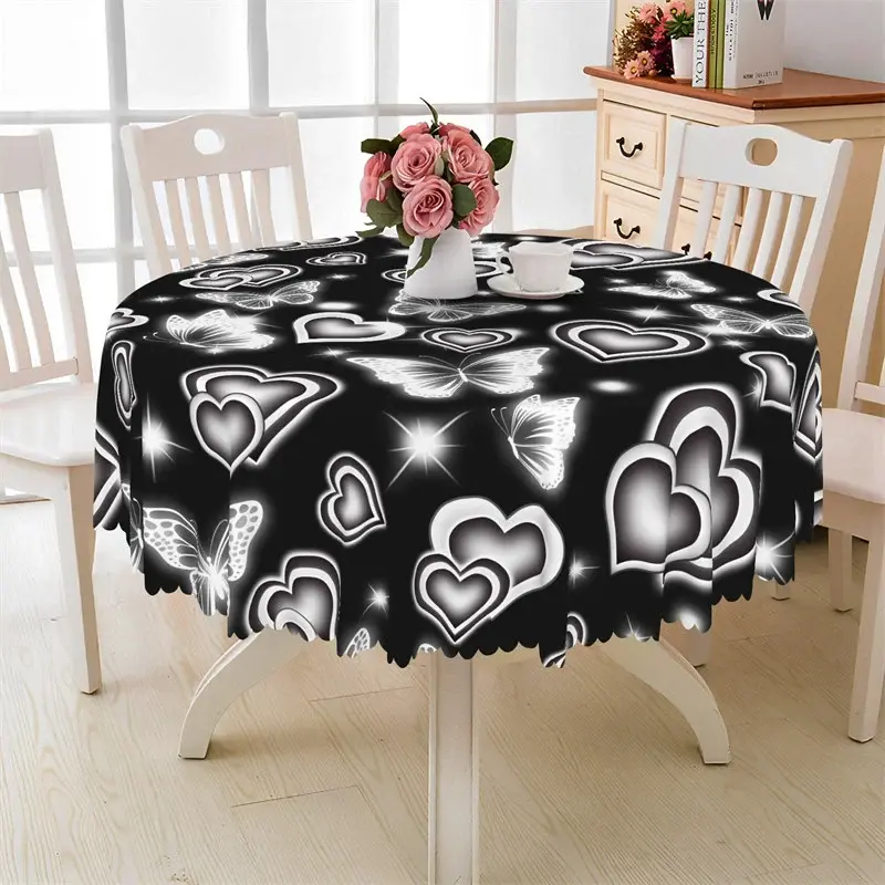 Aperturee Black Neon Heart Butterfly Round Tablecloth, High Contrast Luminous Prop