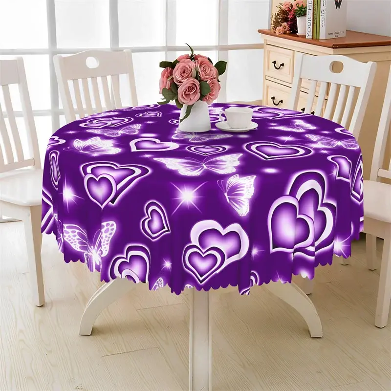 Aperturee Purple Neon Heart Butterfly Round Tablecloth, Creative Neon Effect Prop