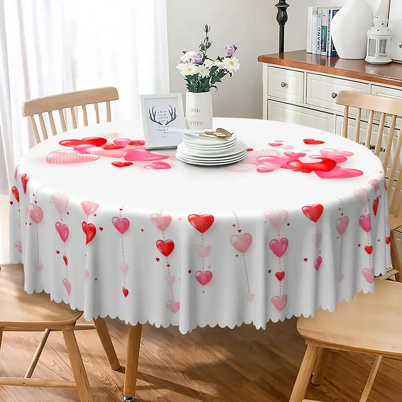Aperturee 3D Hanging Red Hearts Round Tablecloth, Romantic Love Pattern Table Cover, Love Theme Studio Prop