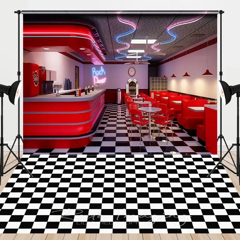 Aperturee Retro Restaurant Chessboard Rug Combo Set Backdrop, 7 x 5 ft / 7 x 5 ft, 97.4 USD, combo set backdrops, ZYHD7K36-D, MATLRHD5K19-D