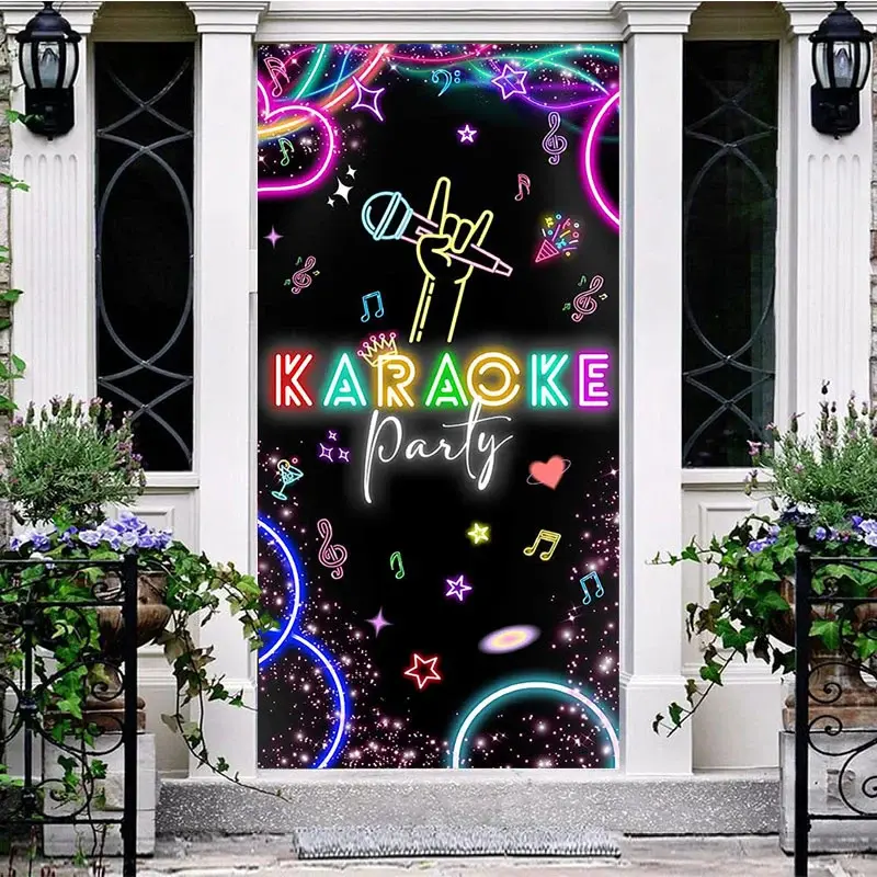 Aperturee Colorful Neon Microphone Karaoke Party Door Cover, 30x80 Inch, 28.48 USD, party door covers, ZZML129A-A