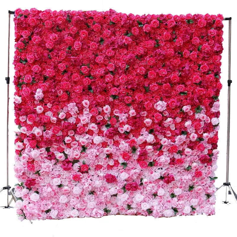 Aperturee 3D Gradient Red Pink Flower Wall Wedding Party Decor, 4 x 8 ft (1.2 x 2.4 m), 681 USD, artificial flower wall, S0D4804-S