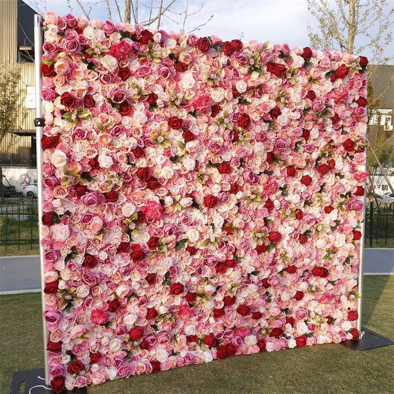 Aperturee Red Pink Flower Square Wall Party Backdrop Decor, 4 x 8 ft (1.2 x 2.4 m), 730 USD, artificial flower wall, S0D4808-S