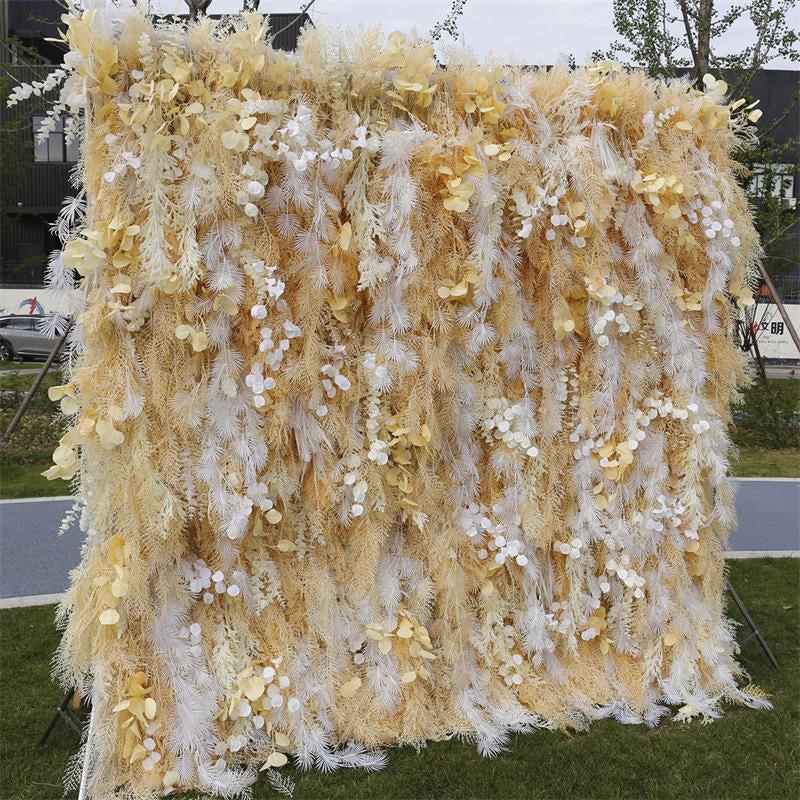 Aperturee Yellow Boho Faux Spruce Leaf Floral Wall Backdrop, 4 x 8 ft (1.2 x 2.4 m), 941 USD, artificial flower wall, S0D4841-S