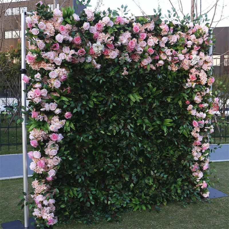 Aperturee Pink Rose Faux Floral Wall Backdrop For Wedding Photo, 4 x 8 ft (1.2 x 2.4 m), 746 USD, artificial flower wall, S0D4852-S