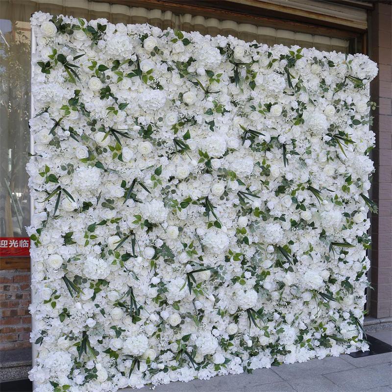 Aperturee White Flower Green Leaves Artificial Wall Backdrop, 4 x 8 ft (1.2 x 2.4 m), 803 USD, artificial flower wall, S0D4853-S