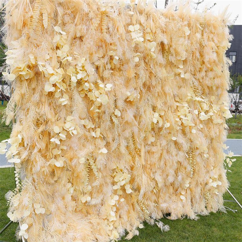 Aperturee 3D Yellow Boho Faux Spruce Leaf Floral Wall Backdrop, 4 x 8 ft (1.2 x 2.4 m), 941 USD, artificial flower wall, S0D4862-S