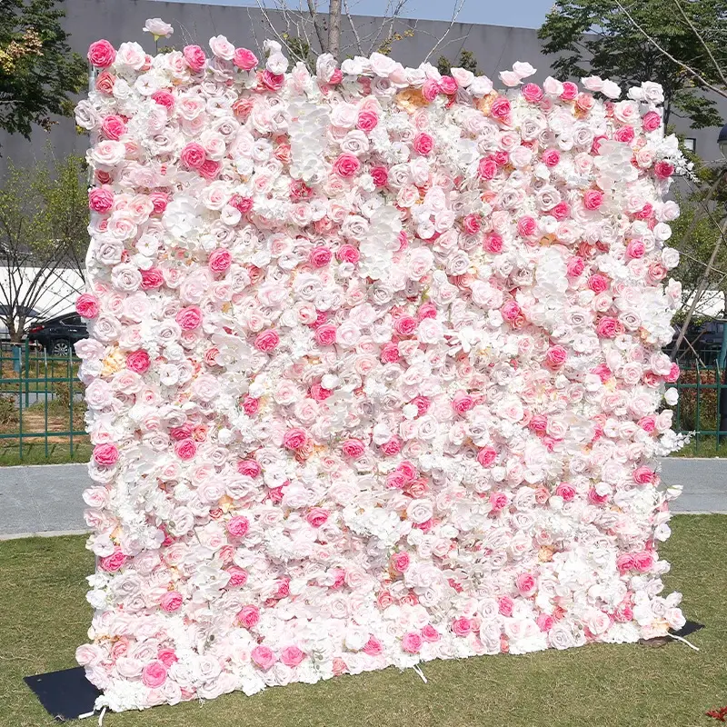 Aperturee White Pink Romantic Artificial Wedding Flower Wall, 4 x 8 ft (1.2 x 2.4 m), 787 USD, artificial flower wall, S0D8747-S