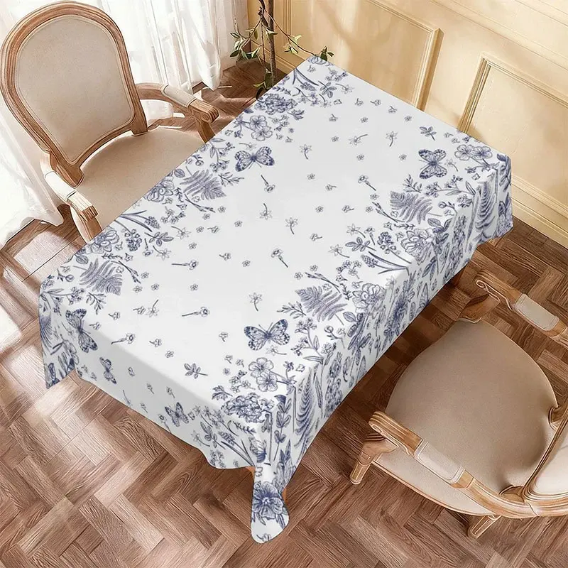 Aperturee Blue and White Floral Butterfly Rectangle Tablecloth, Vintage Botanical Fern Kitchen Decor