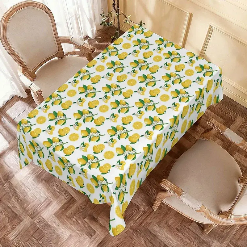 Aperturee Vibrant Yellow Lemon Floral Rectangle Tablecloth, Summer Fruit Blossom Catering Table Decor