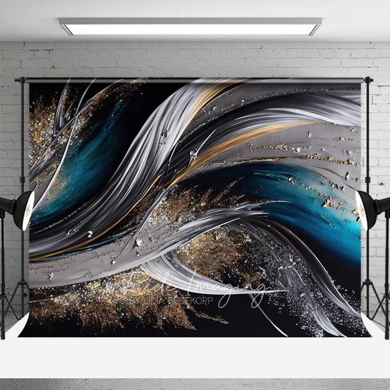 Aperturee Abstract Flowing Waves Fine Art Backdrop, Dark Blue Silver Gold Glitter Studio Photography Background, Studio Props