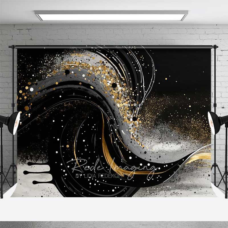 Aperturee Black White and Gold Swirl Fluid Art Backdrop, Glitter Confetti Photography Background, Elegant Decor Photo Studio Vibe