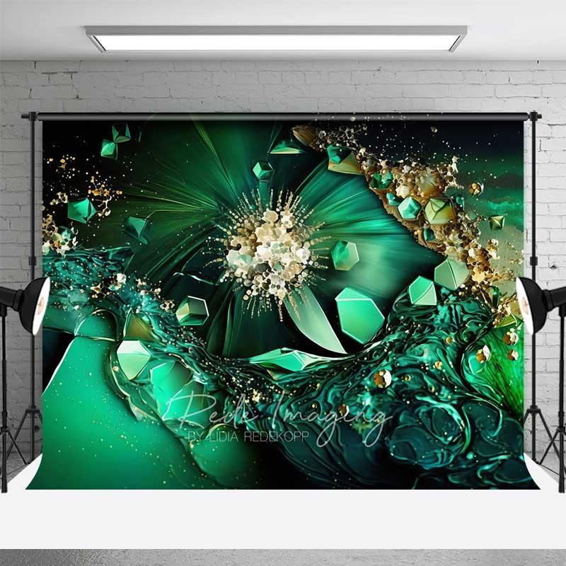 Aperturee Emerald Green Crystal Burst Abstract Backdrop, Gold Fluid Art Photography Background, Elegant Party Decor Studio Prop