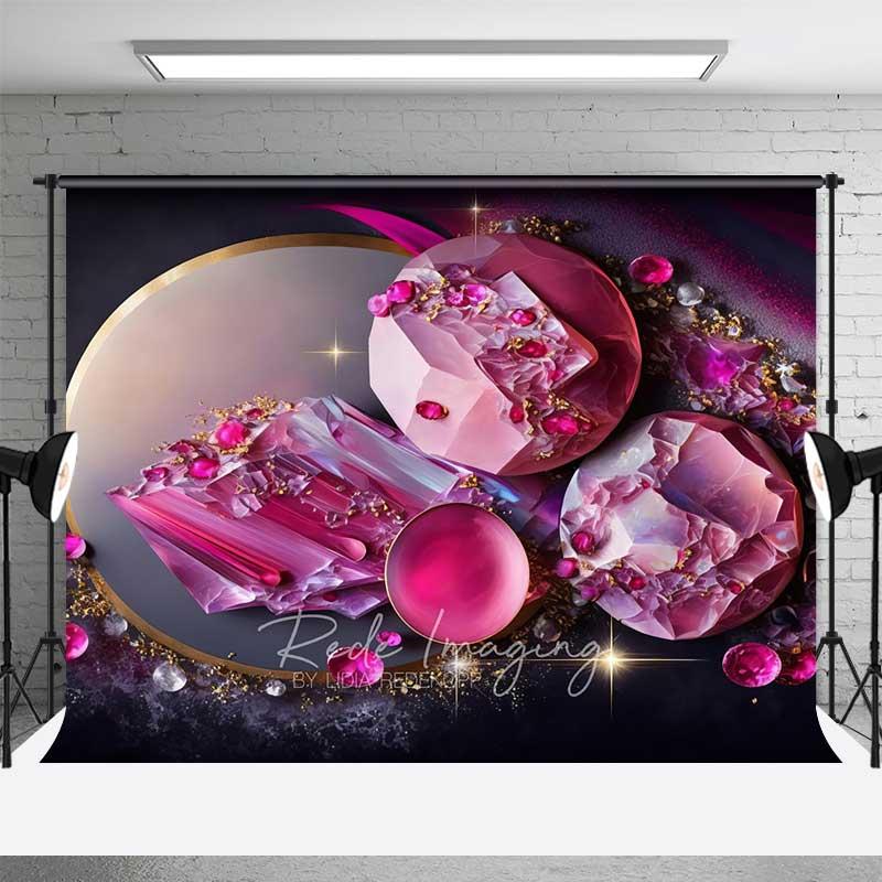 Aperturee Pink Round Crystal Gems and Gold Rings Backdrop, Abstract Art Photography Background, Modern Event Decor Studio