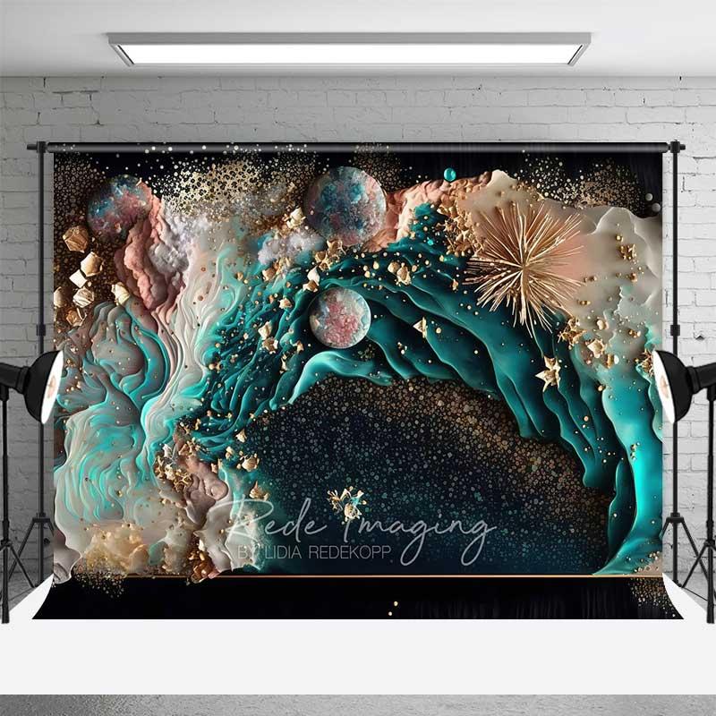 Aperturee Teal Ocean Fluid Art and Floating Pearls Backdrop, Gold Dust Photography Background, Summer Party Decor Shoot