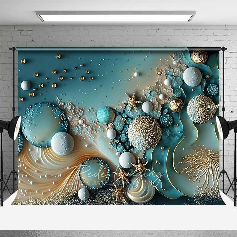 Aperturee Teal Abstract Bubble and Gold Starfish Backdrop, Pearl Ocean Photography Background, Summer Event Studio