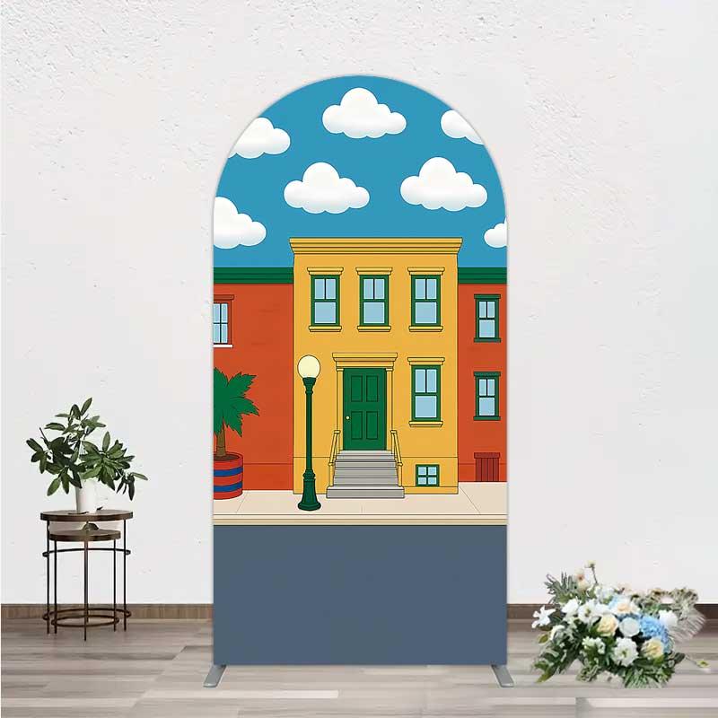 Aperturee Cartoon Street and House Arch Backdrop Neighborhood Building Photography Background