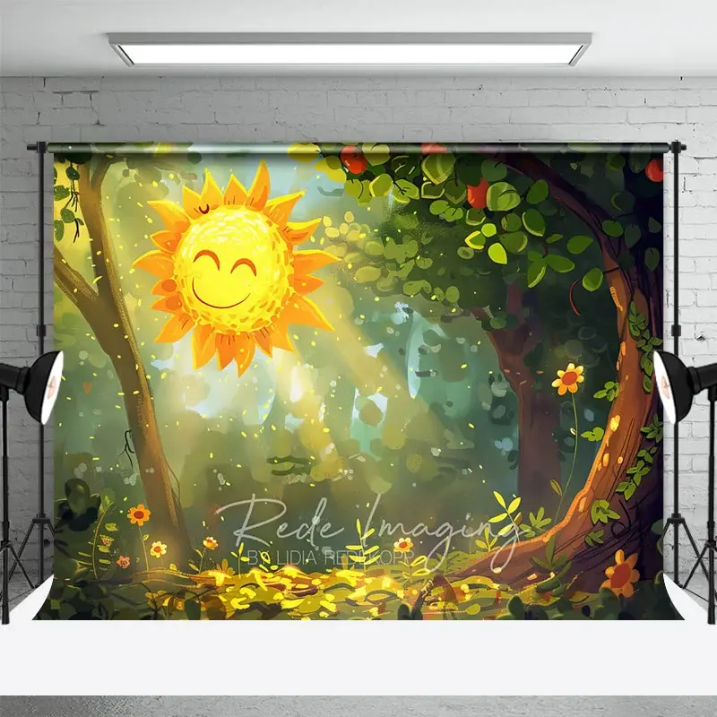 Aperturee Cartoon Smiling Sun Forest Backdrop Cute Sunbeams Green Woods Photography Background