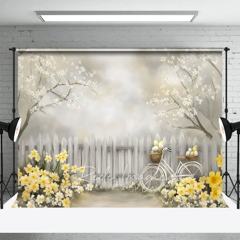 Aperturee Spring Easter Egg Bicycle Backdrop Yellow Daffodils and White Fence Photography Background