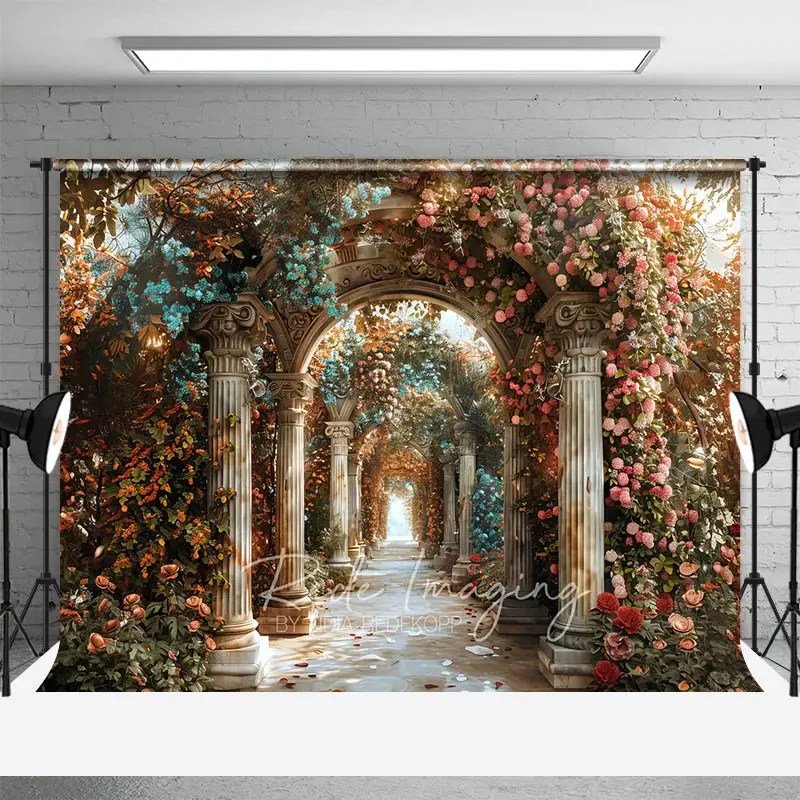 Aperturee Romantic Floral Archway Backdrop, Classical Architecture Columns and Pink Roses Photography Background for Wedding