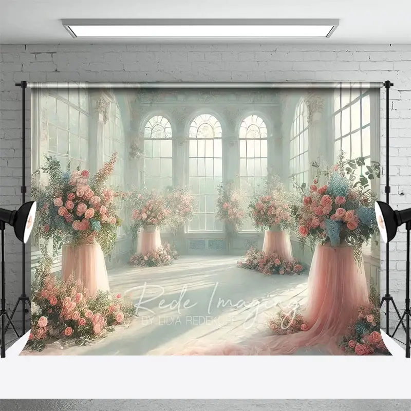 Aperturee Elegant White Room Wedding Backdrop, Arched Windows and Pink Floral Tulle Stands Photography Background for Bridal
