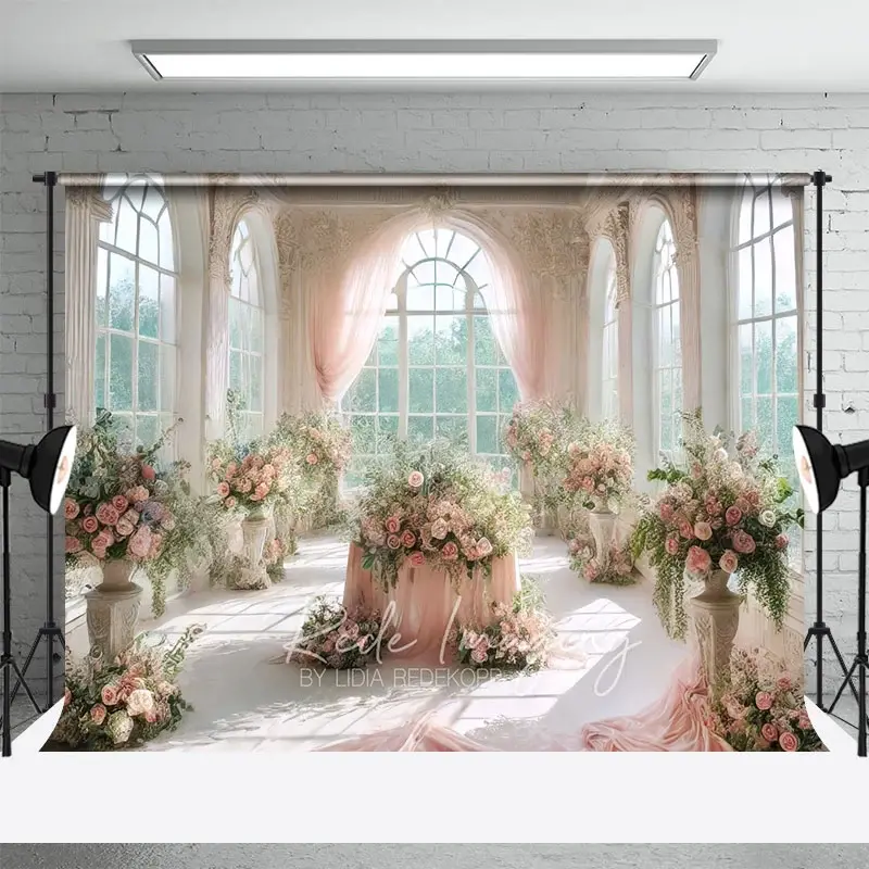 Aperturee Romantic White Castle Wedding Backdrop, Pink Curtains and Floral Table Centerpiece Photography Background for Party