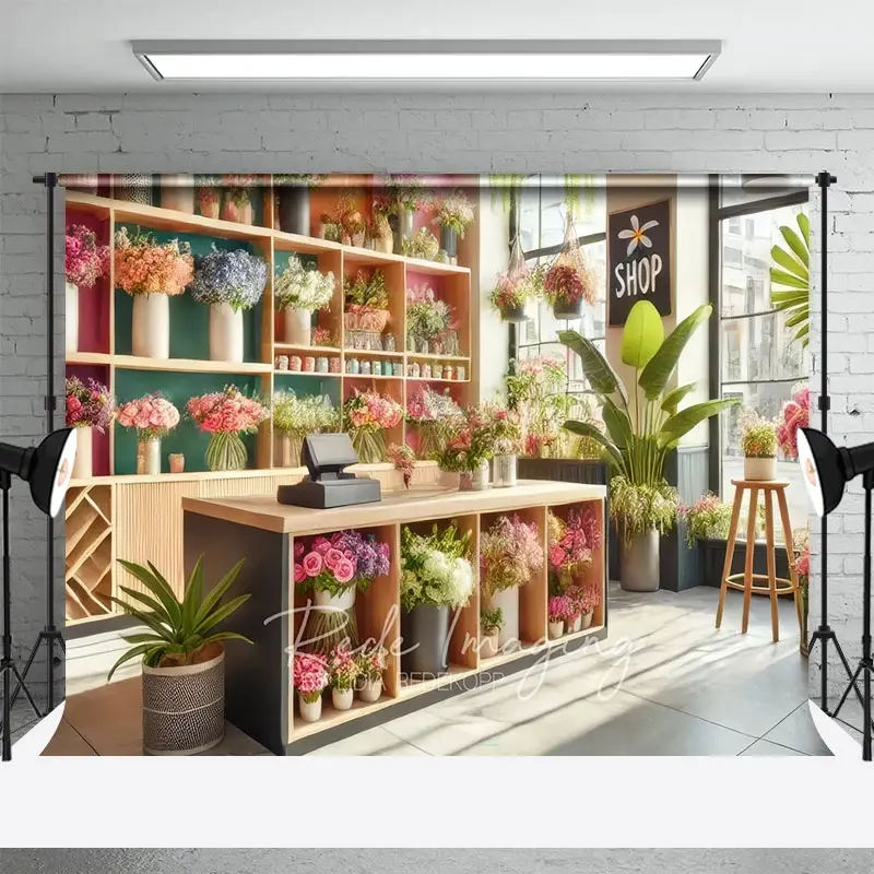 Aperturee Spring Flower Shop Interior Backdrop, Wood Counter and Colorful Bouquets Photography Background for Small Business