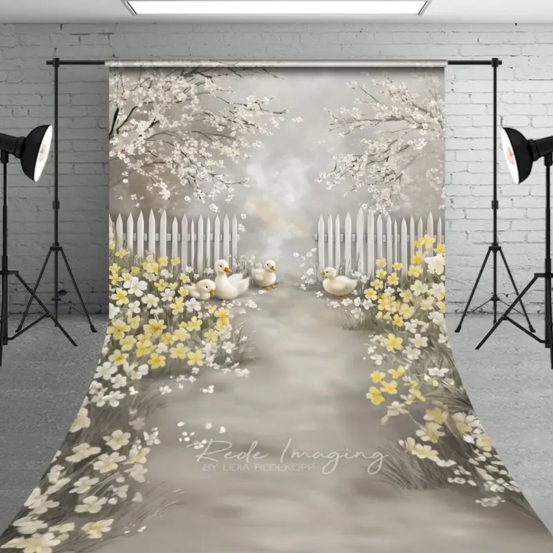 Aperturee Spring Ducklings Garden Path Backdrop, White Fence and Yellow Flowers Blossom Scene, High-Res Nature Studio