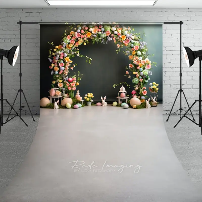Aperturee Easter Floral Arch Backdrop, Pastel Eggs and Bunny Statues on Moss, Professional Holiday Studio Prop