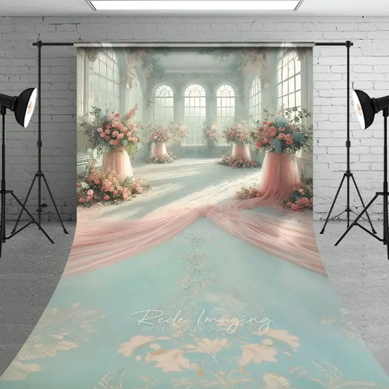 Aperturee Luxury Sunroom Floral Backdrop, Pink Rose Pillar and Draped Silk Decor, Professional Interior Studio