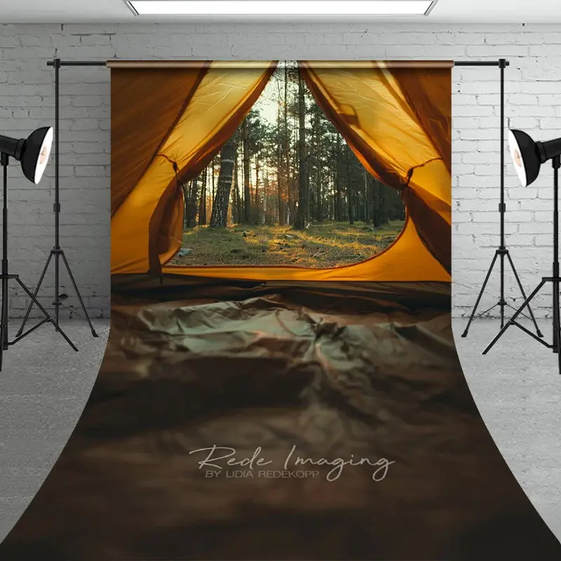 Aperturee Yellow Camping Tent Inside View Backdrop, Pine Forest Sunset Nature Landscape Adventure Photography Background for Studio