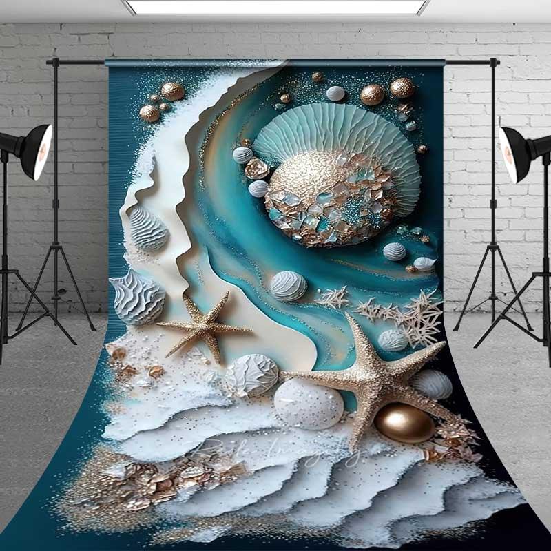 Aperturee 3D Textured Ocean Wave and Starfish Backdrop, Teal Blue and Gold Pearl Summer Beach Photography Background for Professional Studio