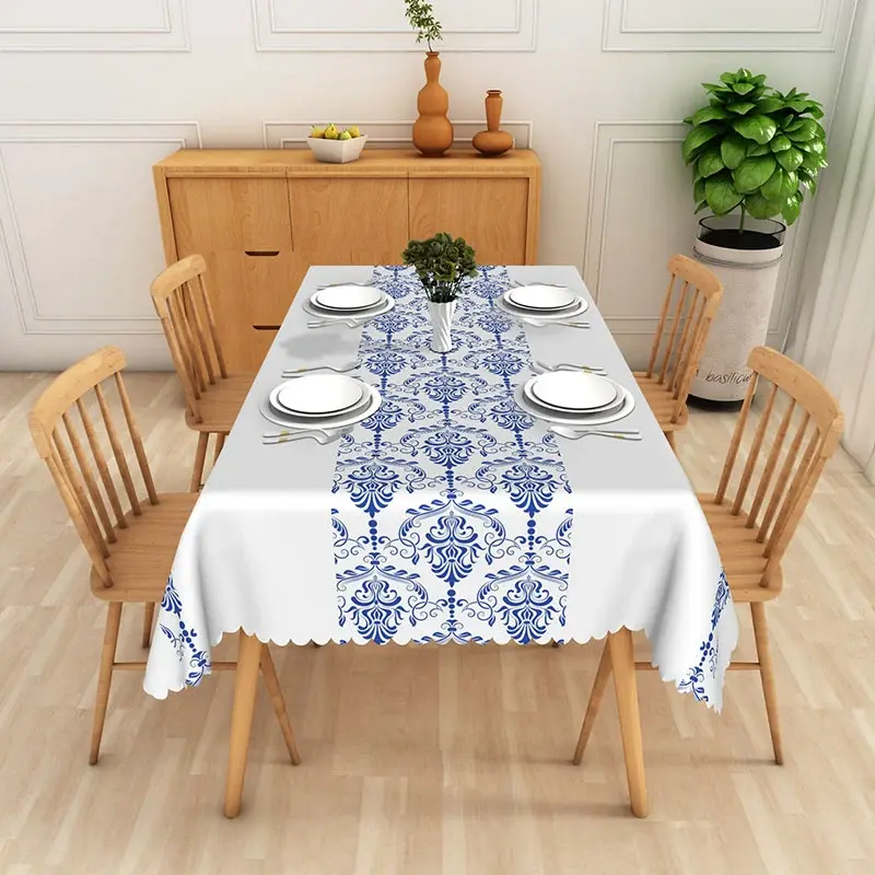 Aperturee Blue Damask Pattern Rectangle Tablecloth, Elegant Vintage Floral Centerpiece, Professional Event Styling Props