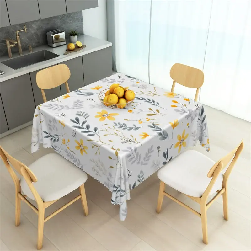 Aperturee Yellow Daisy and Autumn Leaves Rectangle Tablecloth, High Resolution Botanical Table Cover
