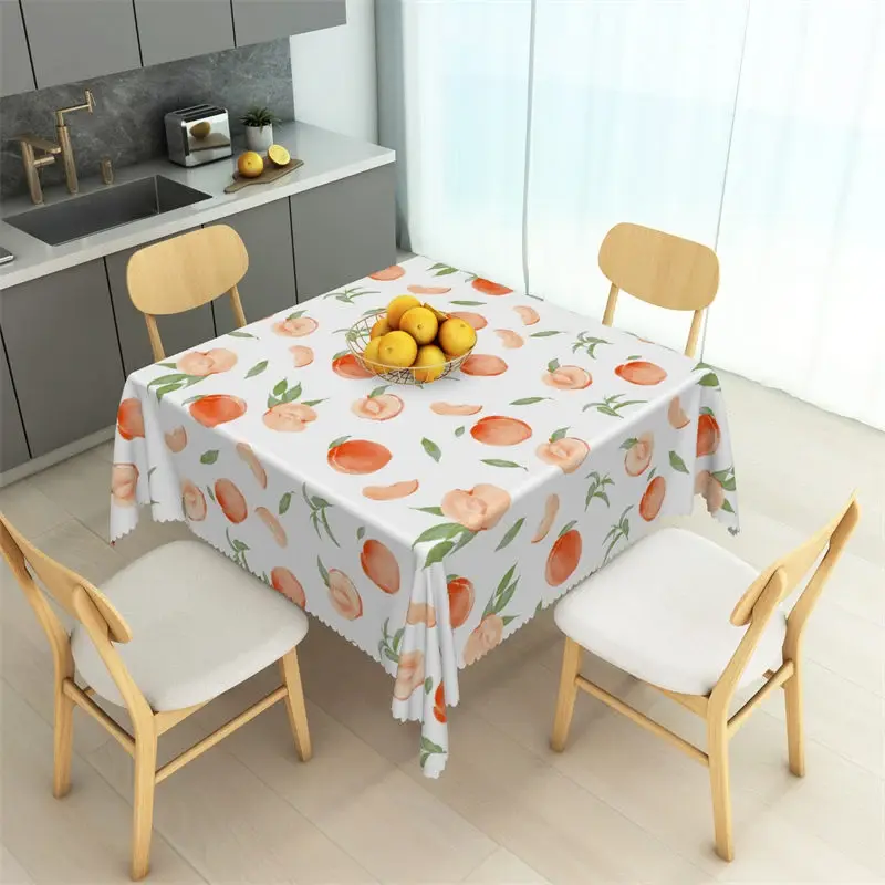 Aperturee Fresh Watercolor Peach and Leaf Rectangle Tablecloth, Summer Fruit Pattern Table Cover, Professional Product Prop