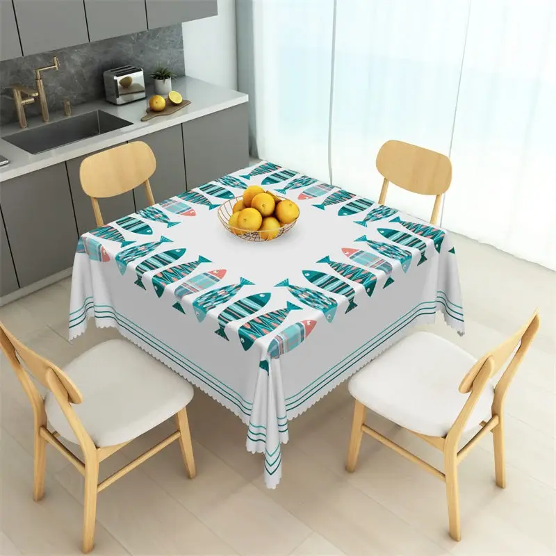 Aperturee Nautical Colorful Fish Border Rectangle Tablecloth, Coastal Summer Dining Table Cover, Commercial Food Prop