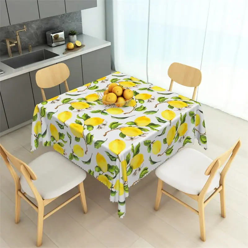 Aperturee Mediterranean Yellow Lemon Rectangle Tablecloth, Fresh Fruit and Leaf Pattern Table Cover, Food Photography Prop